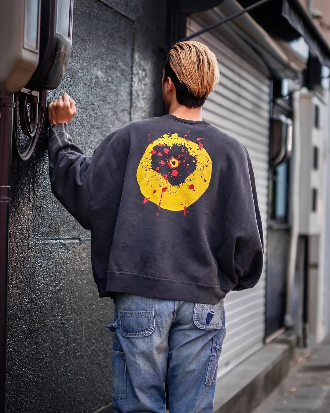 SAINT Mxxxxxx x CACTUS PLANT FLEA MARKET SMILE SWEATER SHIRT CPFM co-branded sweatshirt with smiley face, washed black S-XL, ready-to-wear Assute dyeing, heavy fermentation washing, multi-position spray fading, ultra-complex manual polishing/destruction treatment/special shearing treatment, special striped cuffs/multi-position shearing/pure handmade graffiti and dirty The only correct co-branded main wheat label/wash water label/little angel anti-counterfeiting label in the entire network